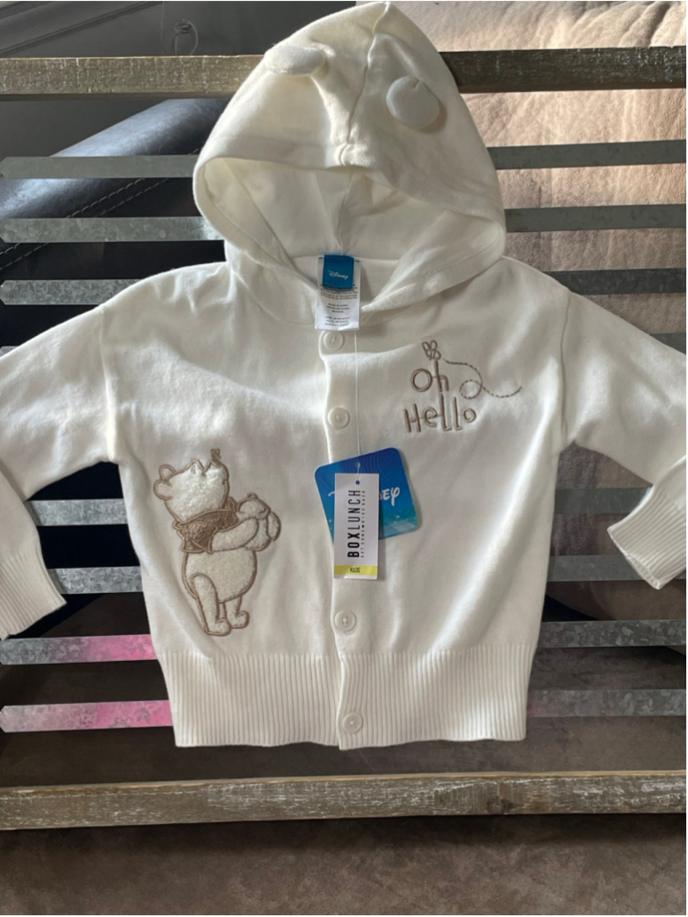 BoxLunch Disney Winnie the Pooh Tonal Hooded Cardigan Sweater Cream 3t NWT